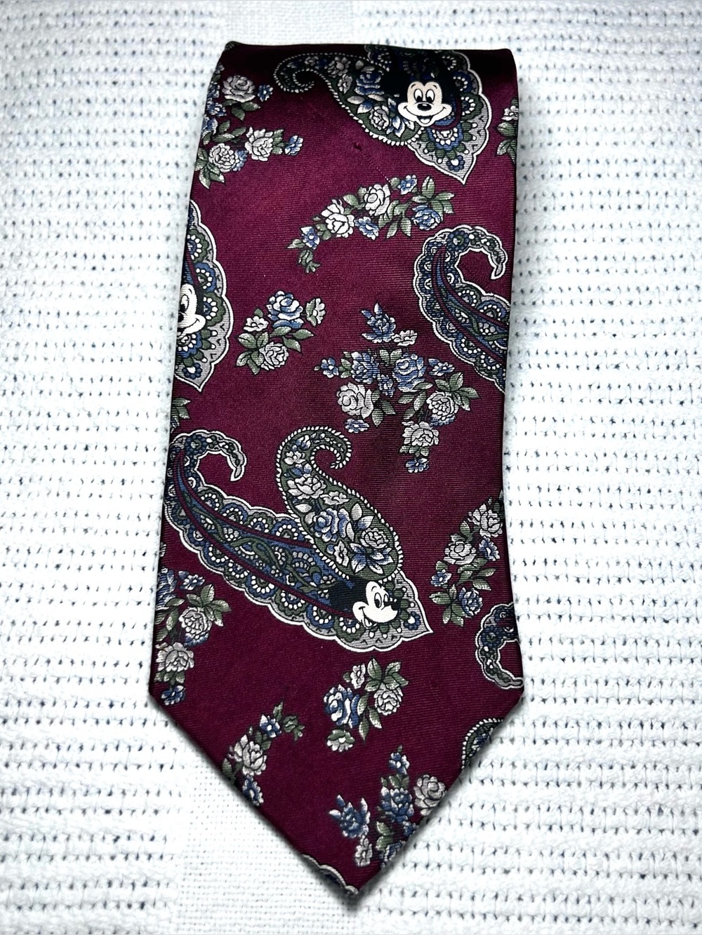 Vintage Walt Disney Company Burgundy Mickey Paisley Silk Tie Made in USA
